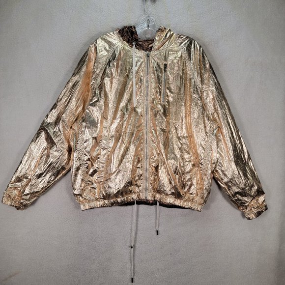 BLANK NYC Reversible Copper Gold Hooded Metallic Good Vibrations Bomber Jacket - Picture 10 of 16